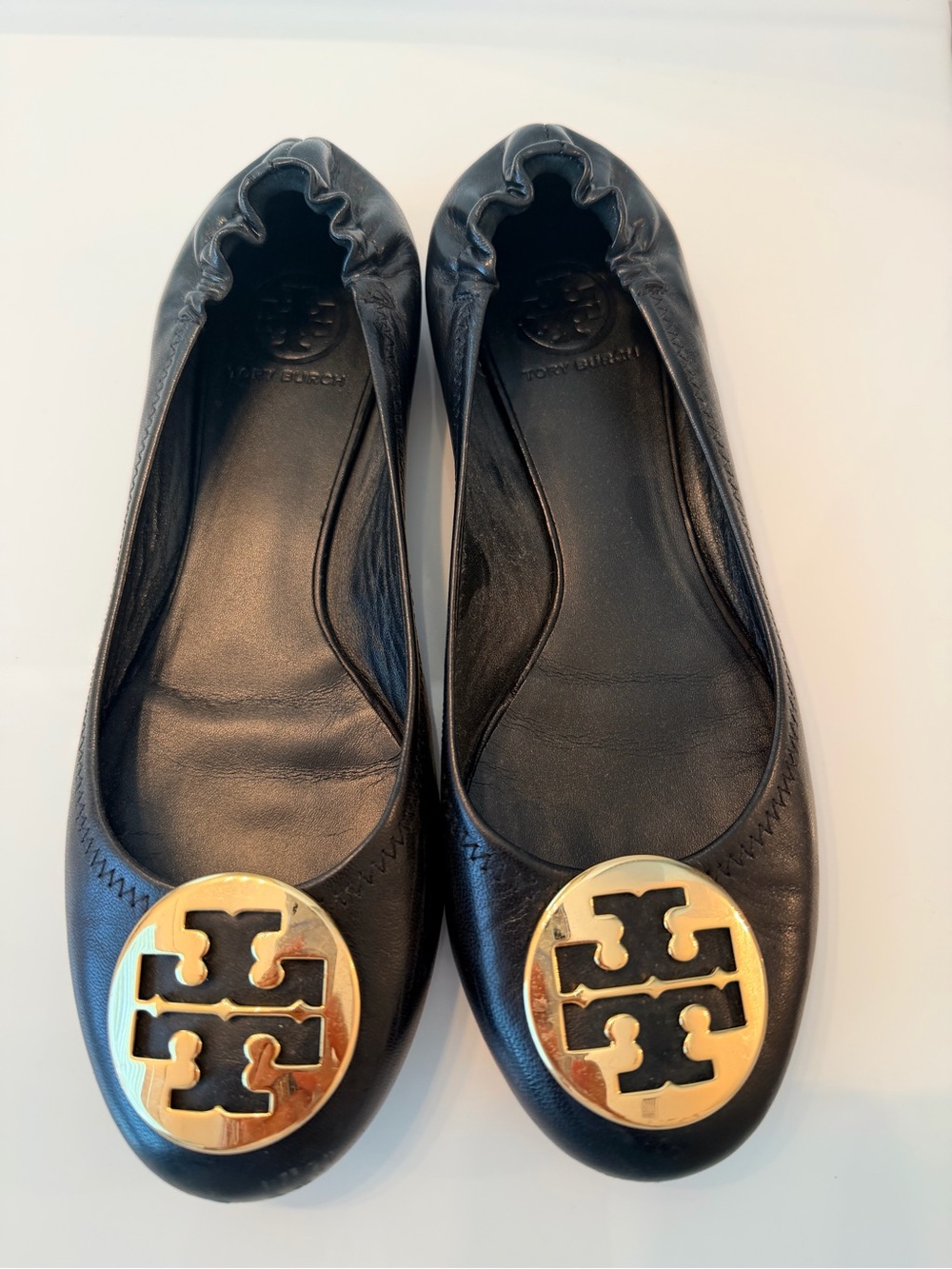 Tory Burch Black Leather Ballet Flats with Gold Logo Medallions